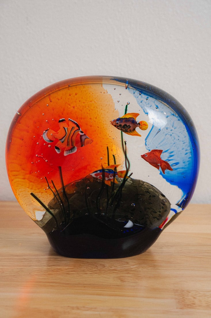 Murano Glass Aquarium, Italy: Presenting a Murano glass aquarium, a virtuosic example of the Venetian glassmaking tradition that has flourished on the island of Murano since the 13th century, showcasing the extraordinary