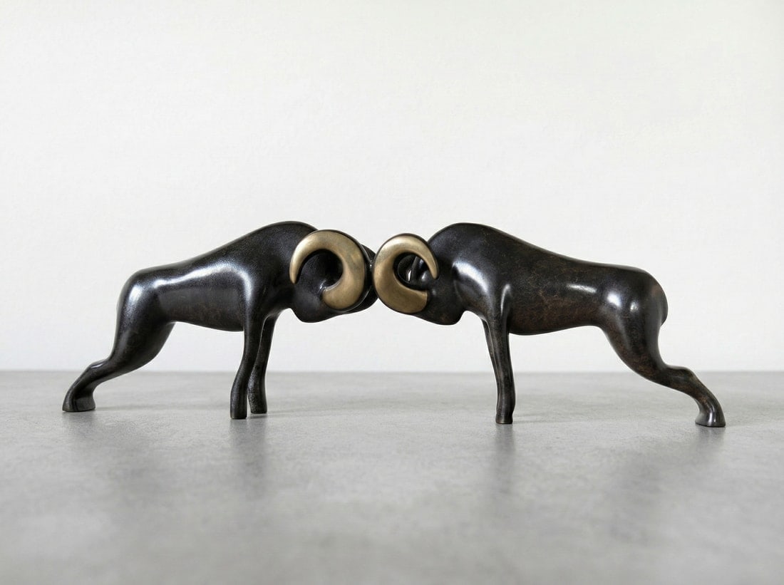 Loet Vanderveen, Ram Pair, Classic: Loet Vanderveen, Dutch 1921-2015. Gold horn Ram pair bronze sculpture. Signed and numbered 148/2500