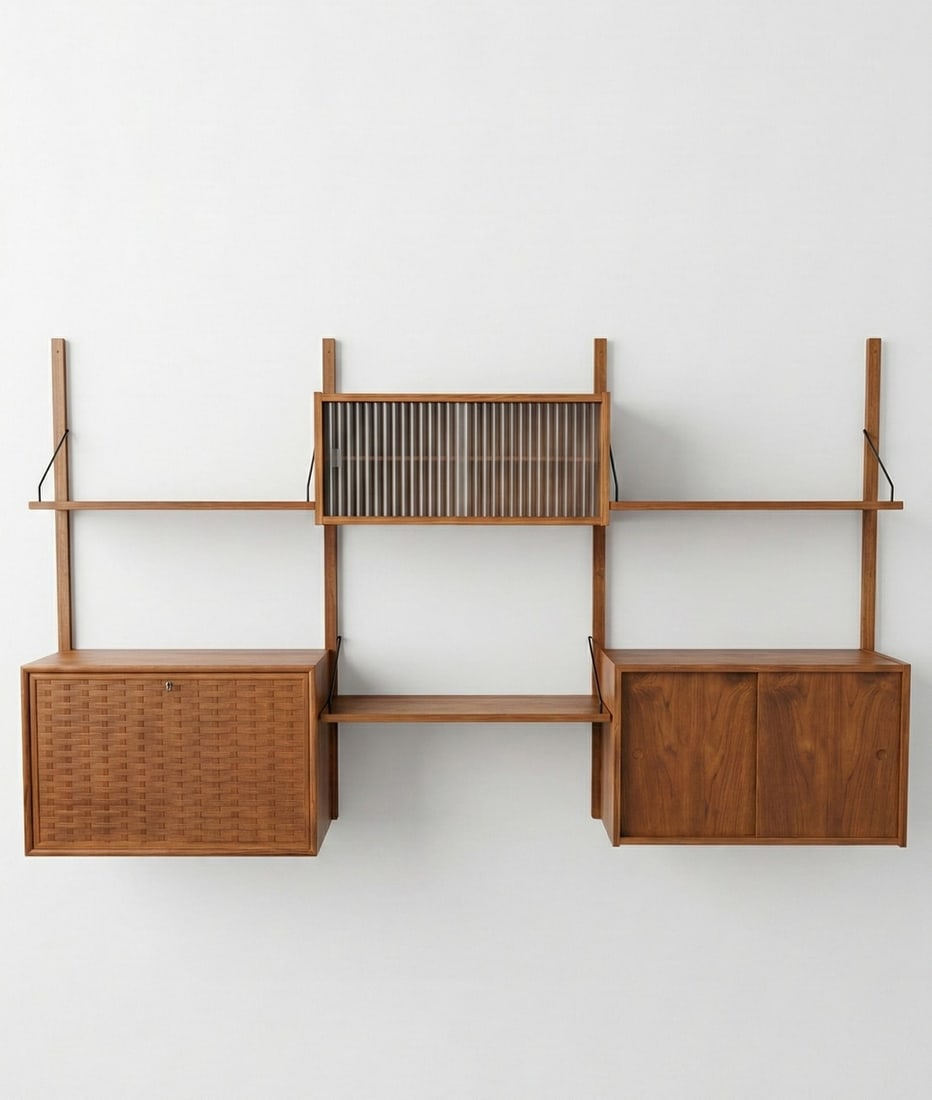 3-bay Danish Teak Wall Unit, PS System Vintage Shelving: Royal System/Wall unit by Randers Mobelfabrik, Denmark, 1960s. 3-bay wall unit consists of 4 vertical wall brackets, 3 shelves with original metal hooks, 1 sliding glass door cabinet, 2 chest