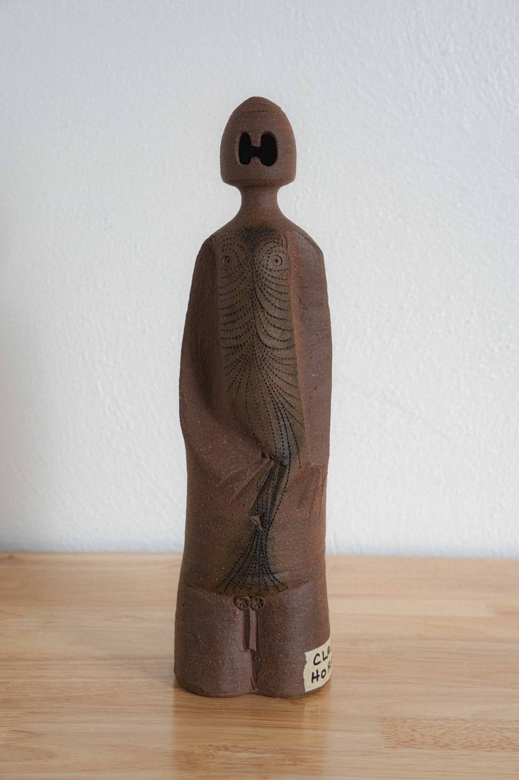 Rare Claude Horan (Hawaii, 1917 – 2014) Stoneware Warrior Figure: Presenting a rare stoneware warrior figure by Claude Horan (1917–2014), an exceptional and significant work by one of Hawaii's most distinctive and long-lived ceramic artists, whose remarkable