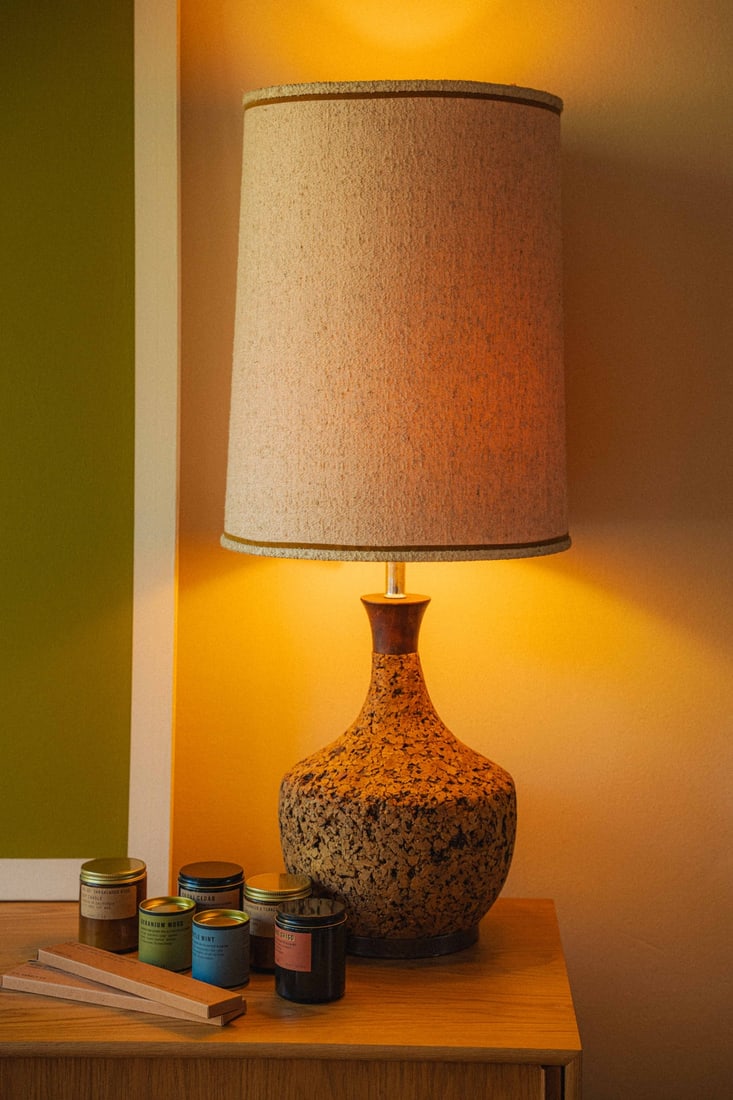 Mid Century Modern Cork Lamp: Presenting a mid-century modern cork lamp, a distinctive and increasingly collectible example of the organic design sensibility that permeated postwar decorative arts and interior design on both