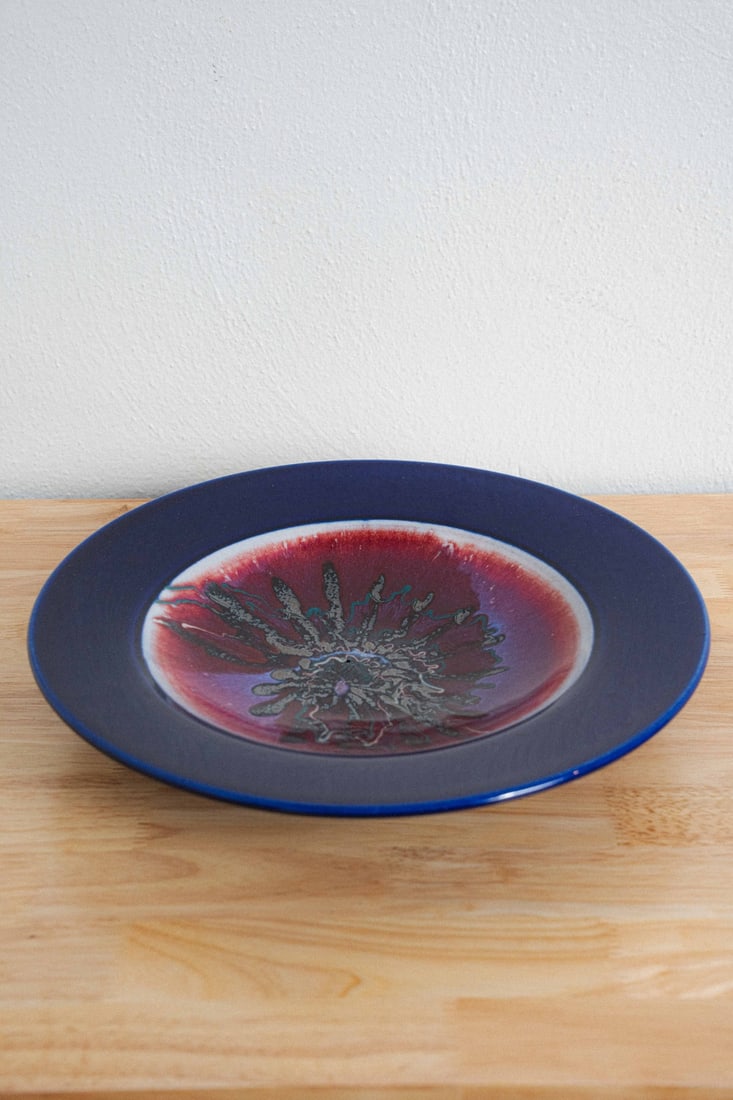 Marc Matsui Northwest Studio Pottery Large Flaring Bowl - Purple Glaze With Abstract Center Design -: Presenting a large flaring bowl by Marc Matsui, measuring 12.25" in diameter, a commanding and visually arresting work in purple glaze with abstract center design by a distinguished voice in Pacific