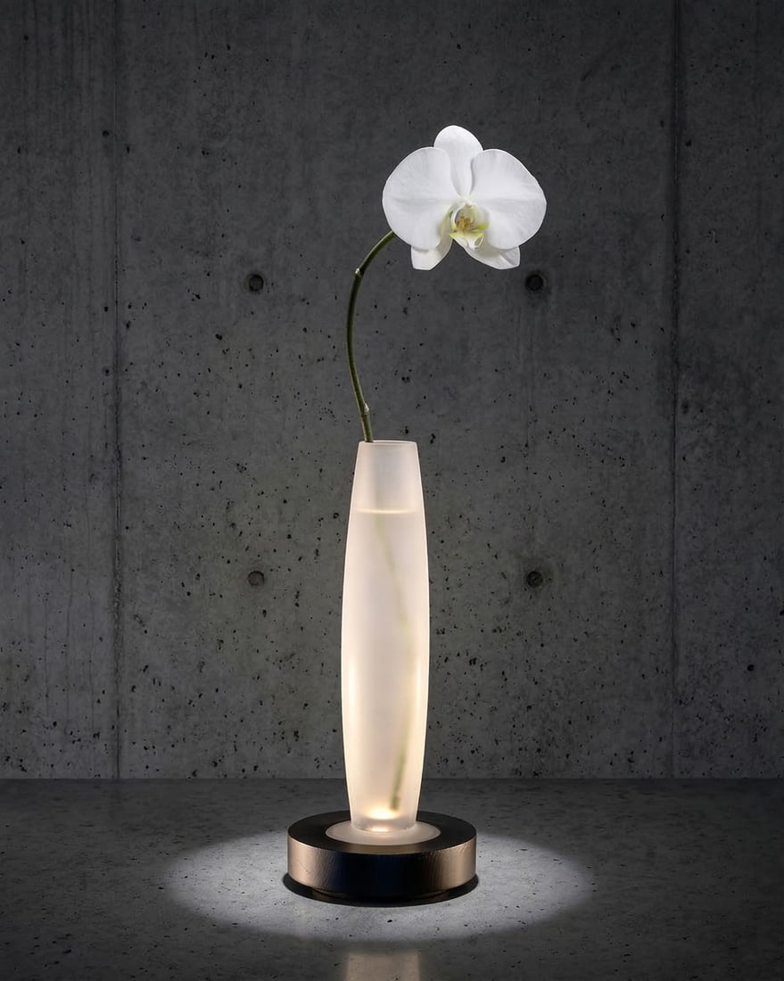 ANN DEMEULEMEESTER X SERAX Vase/Table Lamp Lys 2. Belgian: LYS Vase/Table Lamp by Ann Demeulemeester for Serax. Sculptural design that functions as both vase and table lamp. Slender glass vase with integrated rechargeable light concealed in a dark brown woode