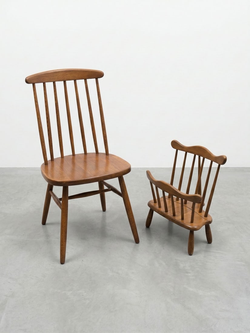 Attributed to Ilmari Tapiovaara Spindle Chair and Magazine Rack Set (1 of 5)
