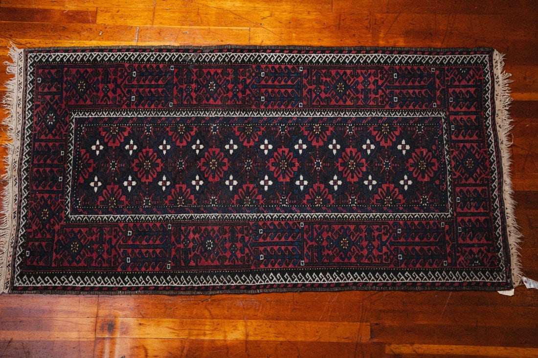 Mina Khani Design Baluch Rug, NE Persia, ca. 1930, 3'8" x 7'1": Presenting a Mina Khani design Baluch rug from northeastern Persia (modern-day Iran), dating to circa 1930, measuring 3’8' x 7’1'. Baluch rugs, traditionally woven by the Baluch tribes of