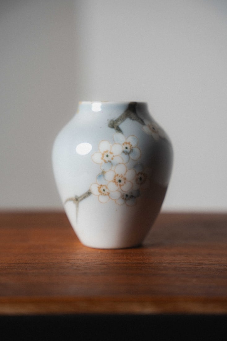 Vintage Danish Bing and Grondahl Cherry Blossom Vase 3 1/2": Presenting a vintage Bing & Grøndahl cherry blossom vase, standing 3½" tall, produced by the renowned Copenhagen porcelain manufactory founded in 1853. B&G is celebrated for its exceptional ha