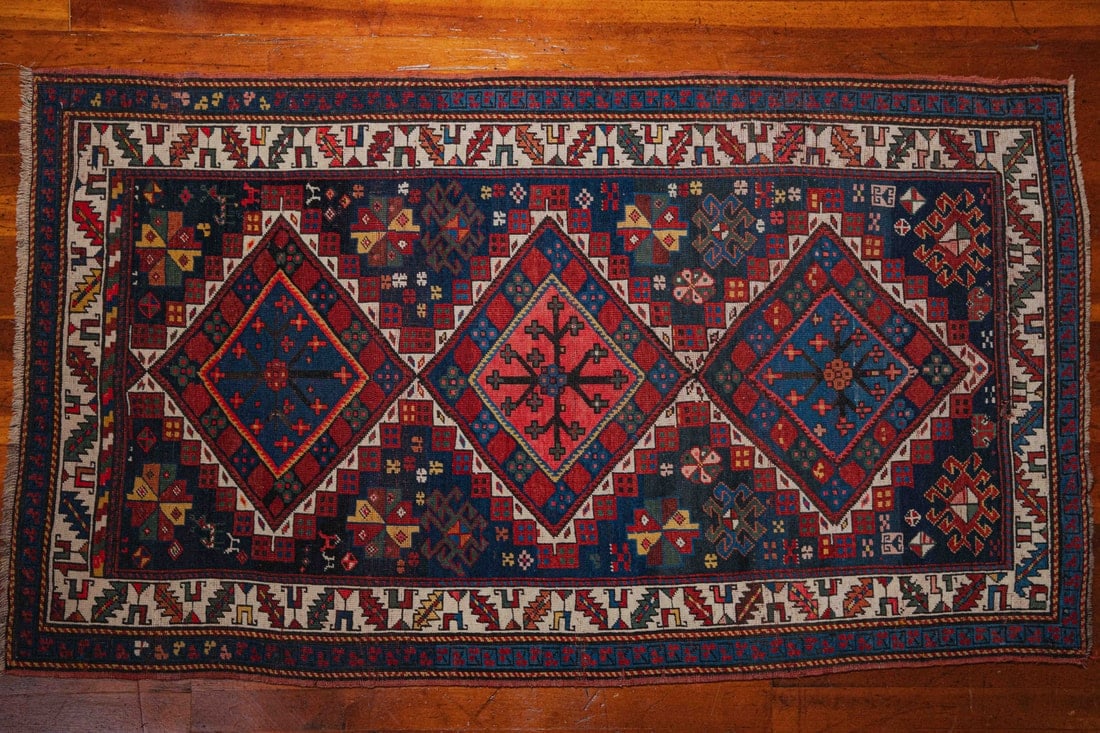 Kazak, Armenia, ca. 1920, 3'11" x 6'10": Kazak, Armenia, ca. 1920, 3'11" x 6'10" — All rugs are antique and carry some degree of repair. No major holes, rips, or tears to the main areas of the rug. — 3'11"L x 6'10"W