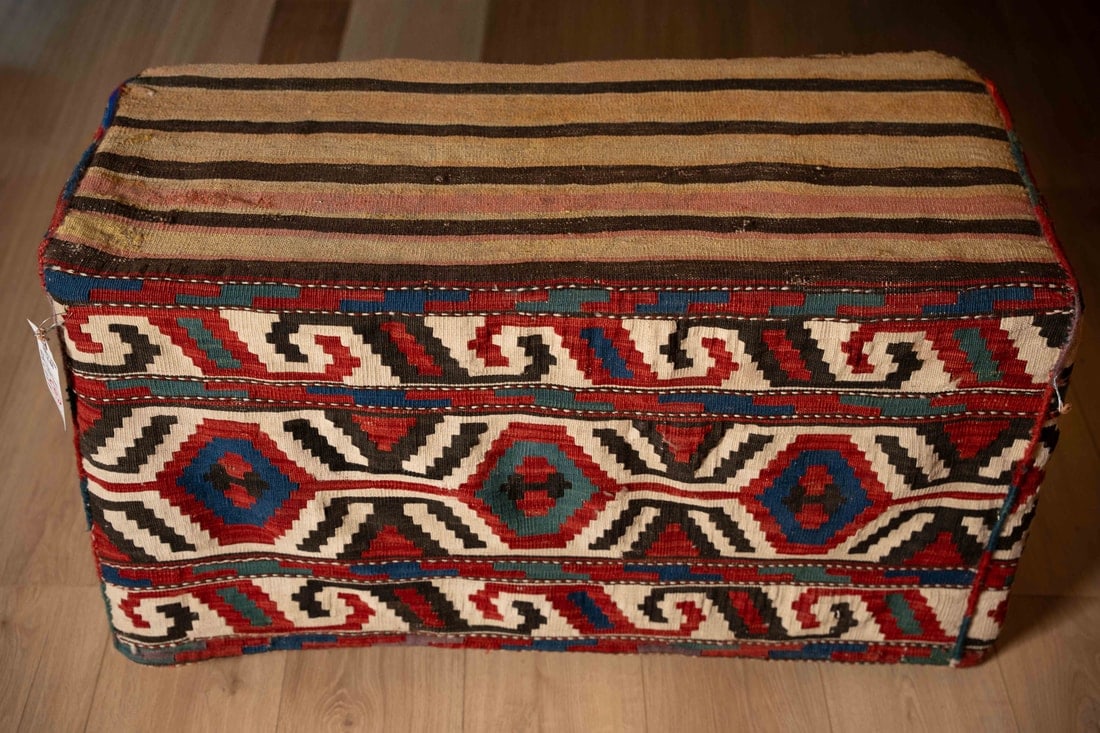 Kilim Mafrash End Table, NWP, South Caucasus, Late 19th C., 17" x 21" x 36": Presenting a Kilim Mafrash End Table from the Northwest Persia/South Caucasus region, dating to the late 19th century, measuring 17' x 21' x 36'. Mafrash tables combine textile craftsmanship with func