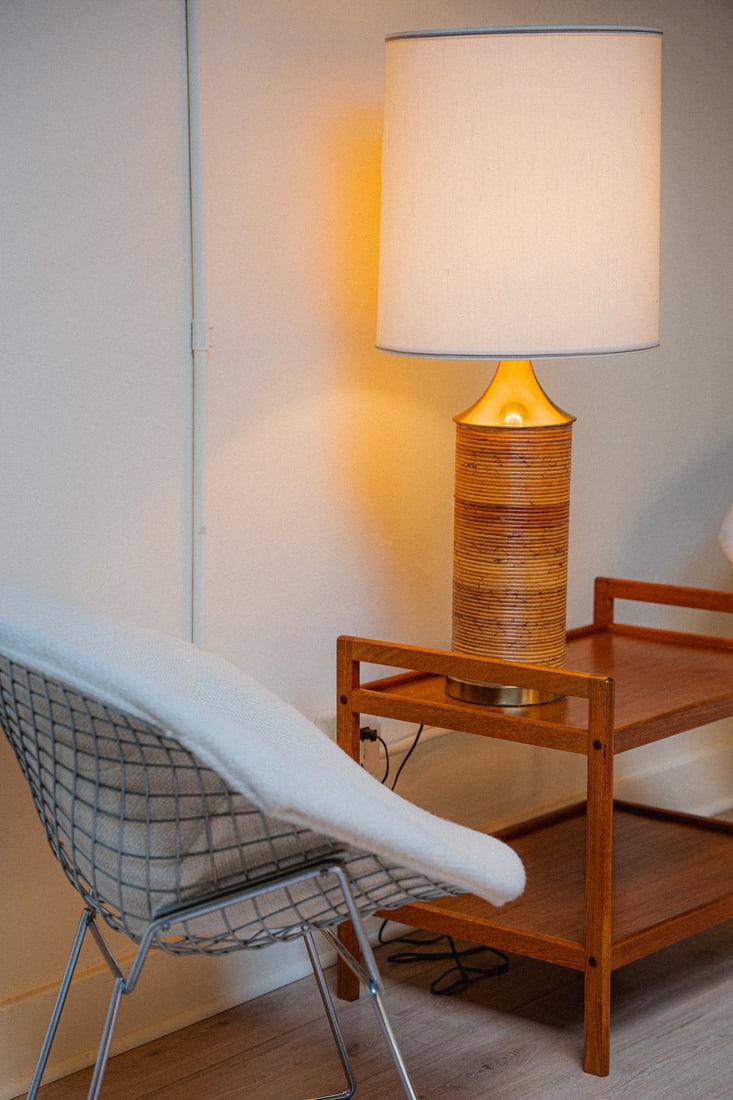 Pencil Reed and Brass Table Lamp with Shade, 1970s (1 of 3)