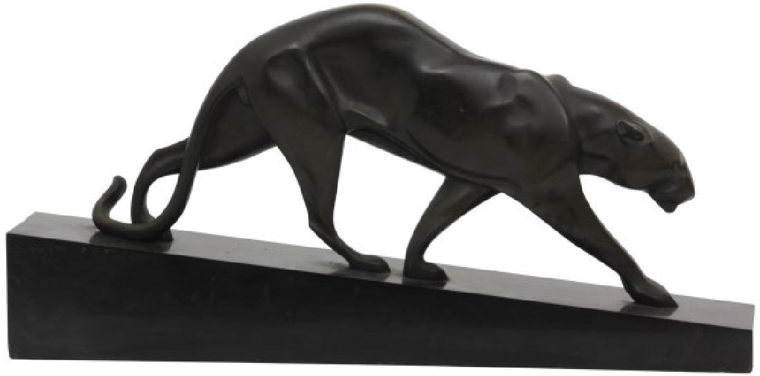 Maurice Prost Bronze Sculpture - Panthere Marchant: Maurice Prost (1894-1967, France) bronze sculpture titled “Panthere Marchant” - Walking Panther; the figure has a dark brown patina, on a slanted black marble base with a very dark brown finish, e