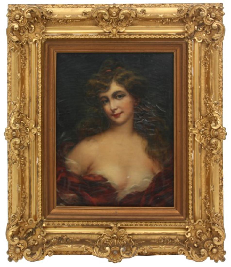 Attr: Maurice Jacquet O/C Portrait of a Woman: Maurice Jacquet (b.1877, France) oil on canvas portrait painting of a woman wearing a red dress; signed lower left “Jacquet-Maurice”. Paint has cracking and some paint loss with inpainting, canvas