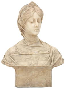 A. Frilli Carved Marble Bust - Beatrice: Antonio Frilli (1860-1920, Italy) carved marble sculpture bust of Beatrice; the figure with a pointed crown and a cloth garment wrapped around her head; carved in the front of the block base