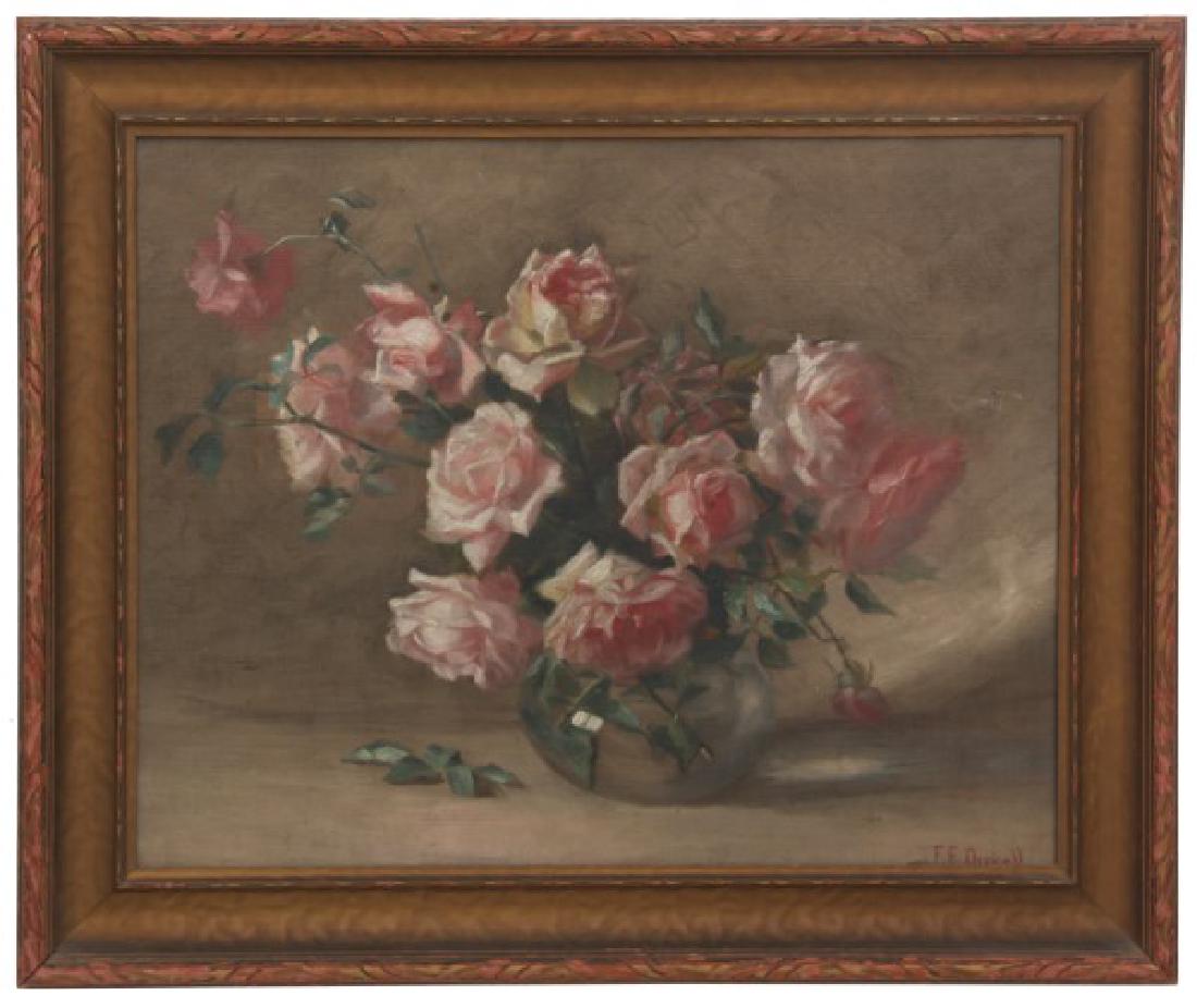 F.E. Duvall O/C Still Life With Roses: Fannie Eliza Duvall (1859-1934, USA, France) oil on canvas still life painting with pink roses in a clear glass vase. Signed lower right F.E. Duvall, in excellent condition with no damage or inpaintin