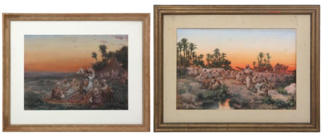 Pr. Paul Pascal Arabic Paintings: Paul B Pascal (1832-c.1903, District of Columbia, France) watercolor and gouache on paper, scenic paintings, both with gathered Arab figures, camp at sunset. One signed “P. Pascal” and the other s