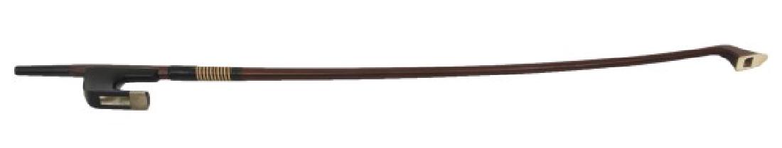 Albert Nurnberger Contra Bass Bow: Albert Nurnberger Contra Bass Bow. Round stick with octagonal grip end, has an ebonized frog with mother of pearl inlay, 2 tone whale bone lapping with black thumb leather and ivory at the tip; stampe