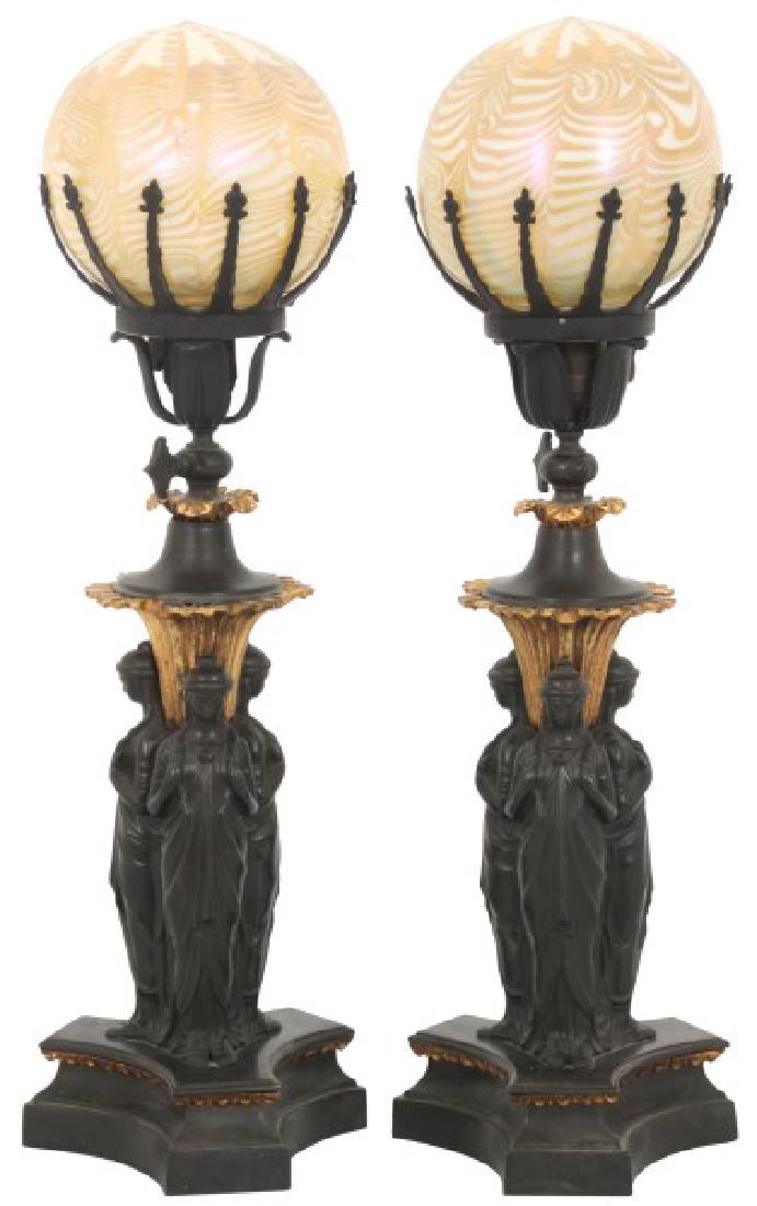 Pr. Figural Bronze Lamps w/ Quezal Shades (1 of 10)