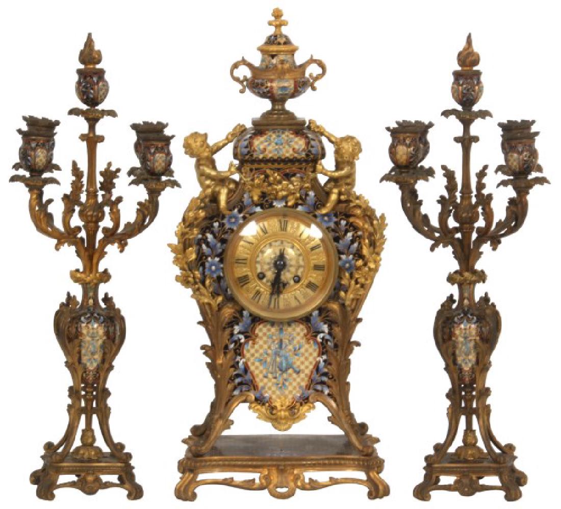 3 Pc. Gilt Bronze & Chempleve Clock Set (1 of 10)