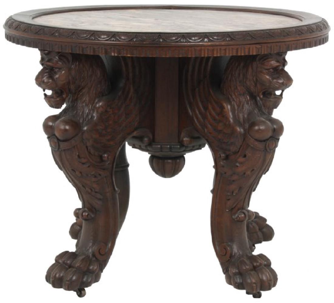 Carved Oak Winged Griffin Marble Top Center Table (1 of 9)