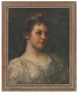 Percival DeLuce O/C Portrait of a Woman: Percival De Luce (1847-1914, NY) oil on canvas painted portrait of a young woman wearing a lacy dress; signed lower right “Percival De Luce”. Canvas is lined, has a puncture in the upper center,