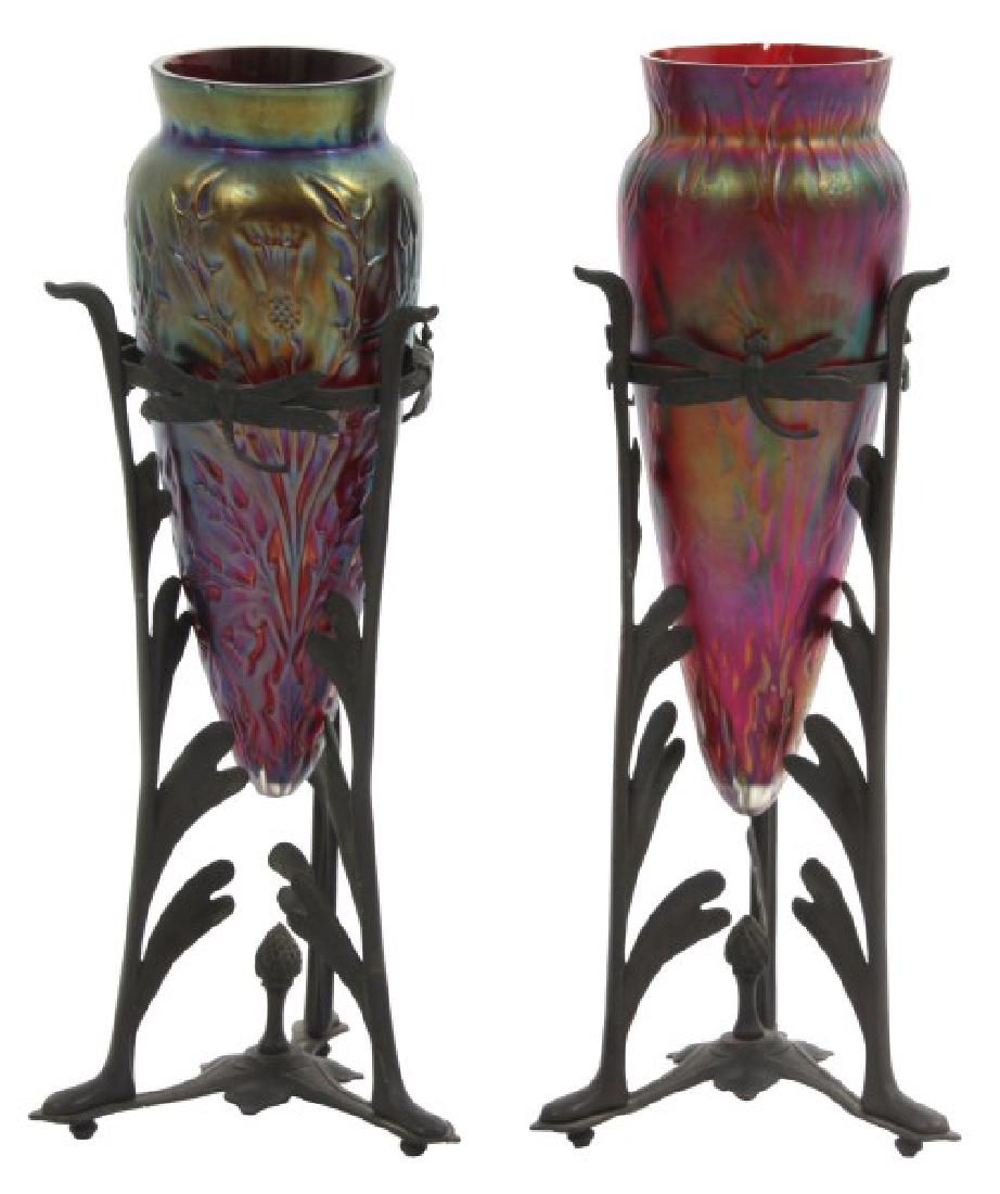 2 Austrian Art Glass Vases in Bronze Frames (1 of 8)