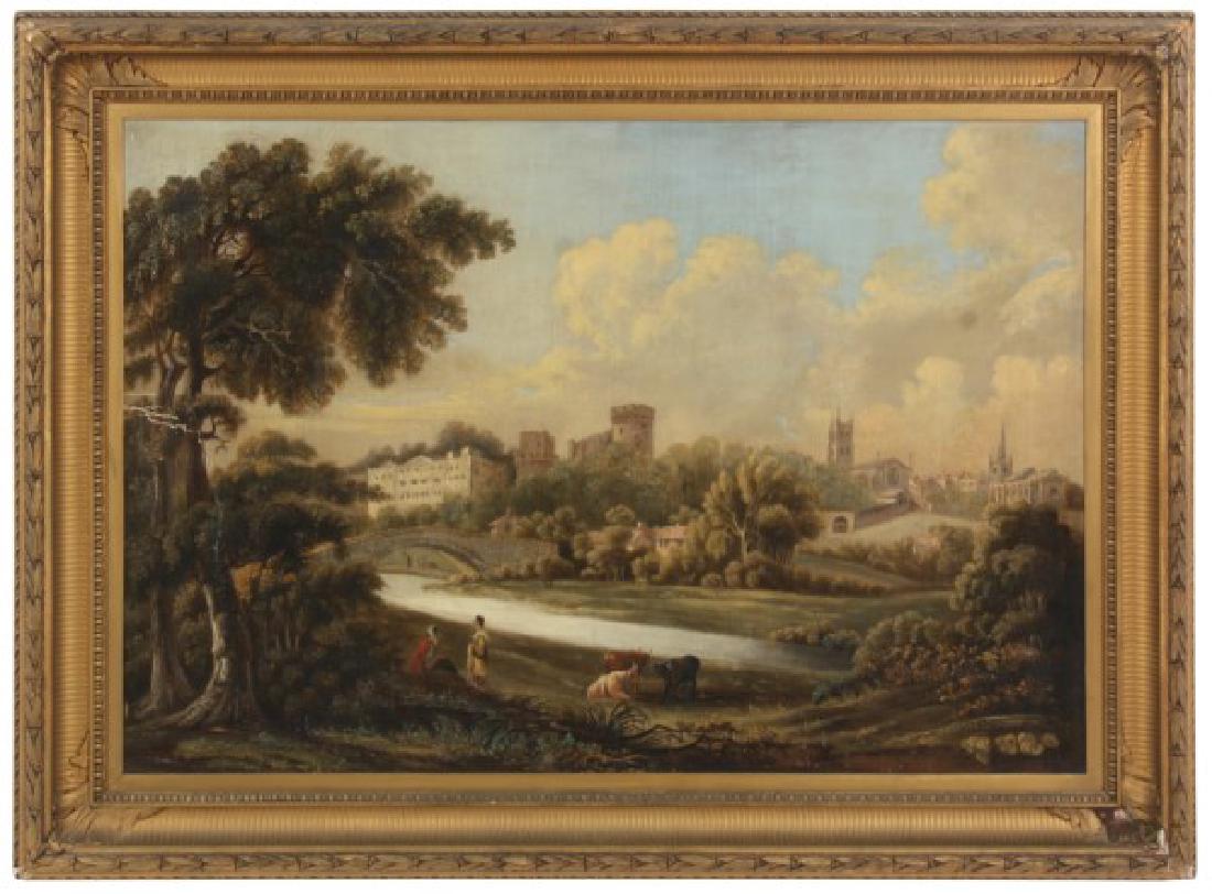 Manor of Francis Wheatley O/B Castle Landscape: Manor of Francis Wheatley (1747-1801), large European scene with figures and cows in the foreground, a stone bridge leads over a river viewing a castle and cityscape in the background. Unsigned, has a