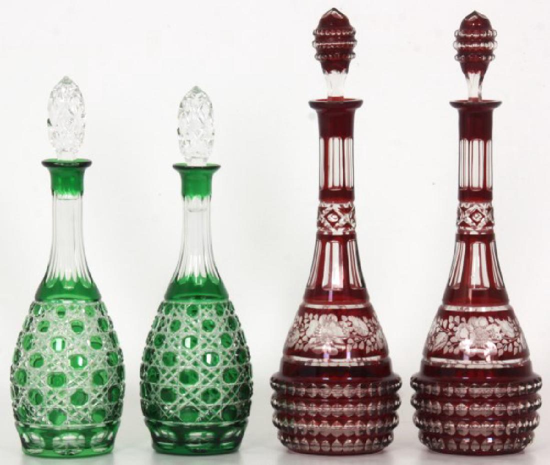 2 Pr. Cranberry & Green Overlay Decanters (1 of 10)