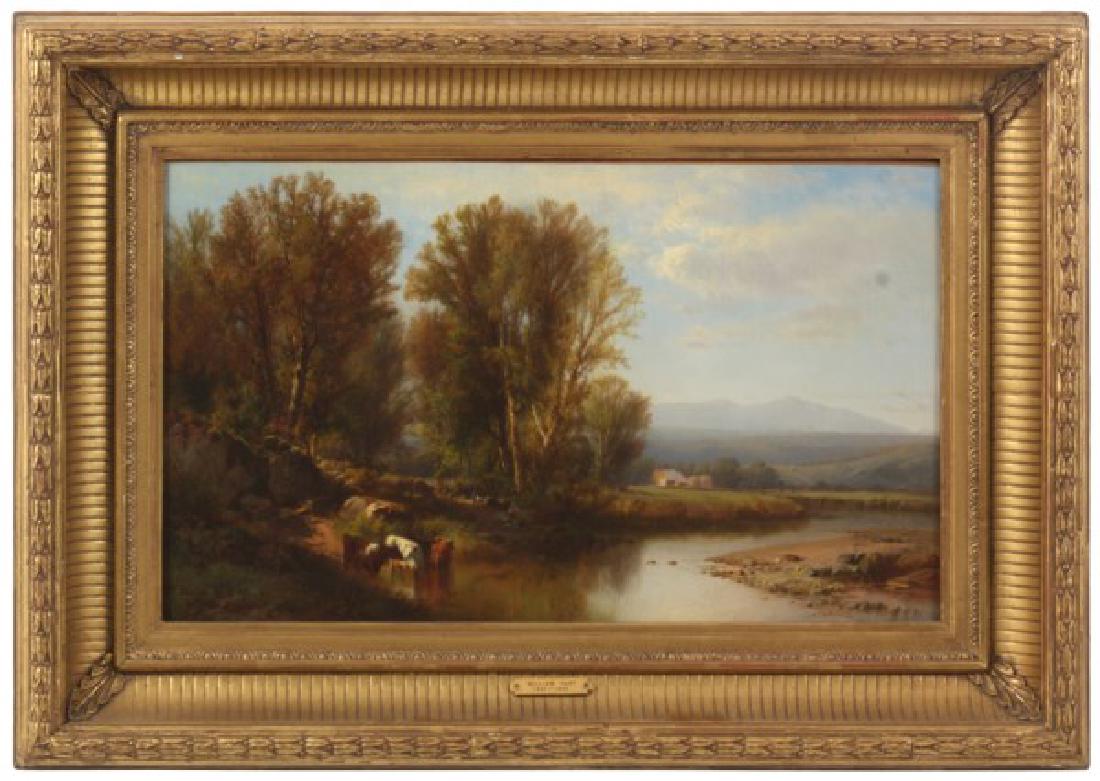 William Hart O/C Landscape - Cows By The River: William Hart (1823-1894, NY) oil on canvas landscape with cows by a river, 2 figures walking along a path into the trees with a mountainous background and farmstead; signed lower left "Wm. Hart, 64".