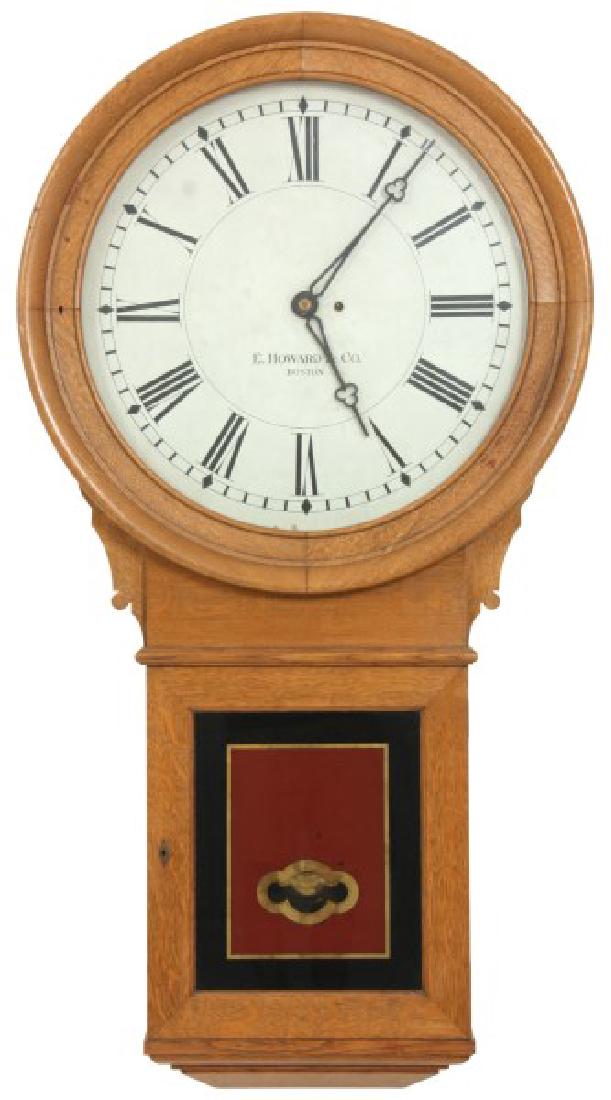 E. Howard No. 70-24 Wall Regulator Clock: E. Howard No. 70-24 Wall Regulator Clock. Original 24 in. painted wood dial signed “E. Howard & Co., Boston” has black Roman hour numerals and large pierced trefoil hands; brass 8 day weight drive