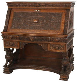 Oak R.J. Horner Winged Griffin Drop Front Desk (1 of 10)