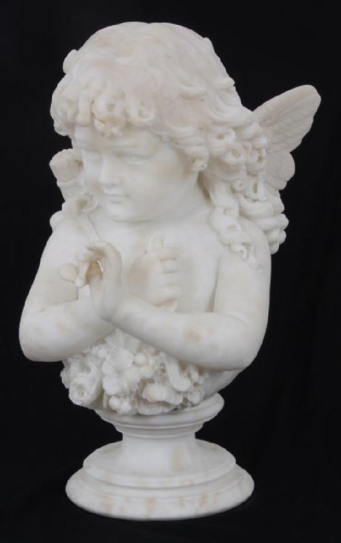 Singed C. Lapini Carved Alabaster Cupid Bust: Singed C. Lapini Carved Alabaster Cupid Bust. 19th Century Cesare Lapini carved alabaster sculpture depicts the bust of cupid having long curling hair with wings, wears a quiver of arrows, bow in the