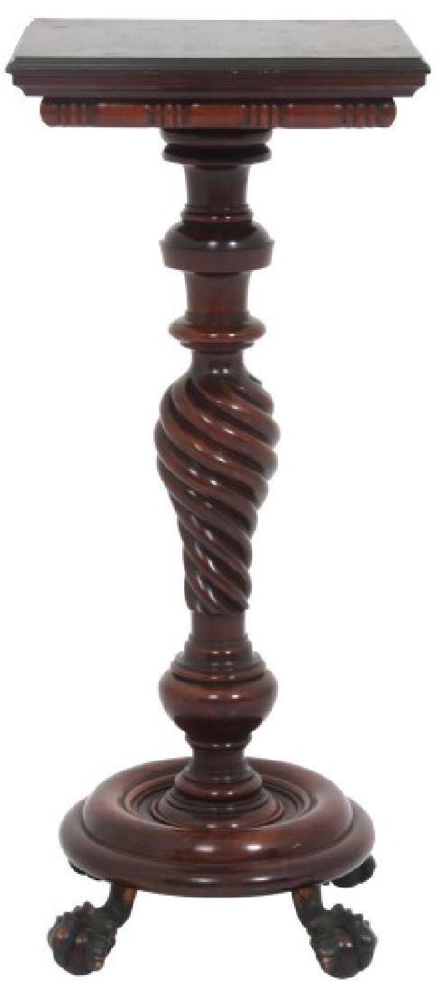 Merklen Spiral Turned Mahogany Pedestal: Merklen Spiral Turned Mahogany Pedestal. Square top over a spiral turned column with turned base and stands on bronze ball and claw feet having turned mahogany balls. Nice condition with no damage, 37