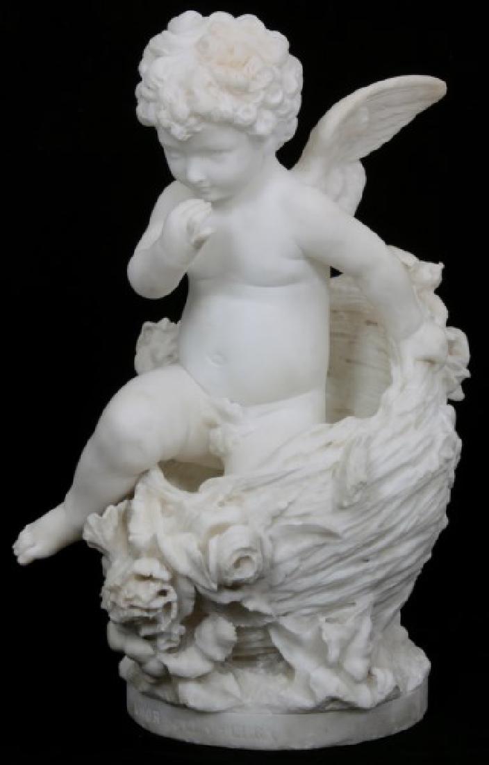 C. Lapini Alabaster Sculpture - Amour de la Terre: Cesare Lapini (1848-1893, Italy) carved alabaster sculpture titled " Amour de la Terre", Love on Earth. The winged figure of Cupid is shown stepping out of a bird's nest which is surrounded by flowers