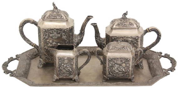 5 Pcs. German 800 Silver Tea Set w/ Tray (1 of 10)