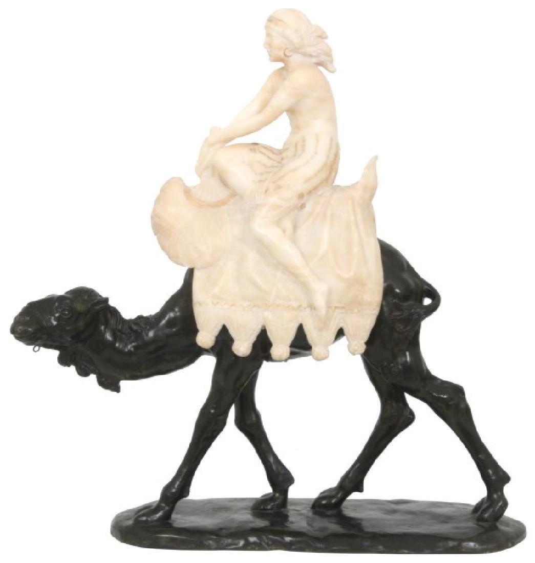 After S. Romano Alabaster & Bronze Sculpture: After S. Romano (20th C., Italy) bronze sculpture of a camel, has a dark brown patina; on the camel's back is a carved alabaster figure of a woman with nude breasts and holding a feathered fan, she si