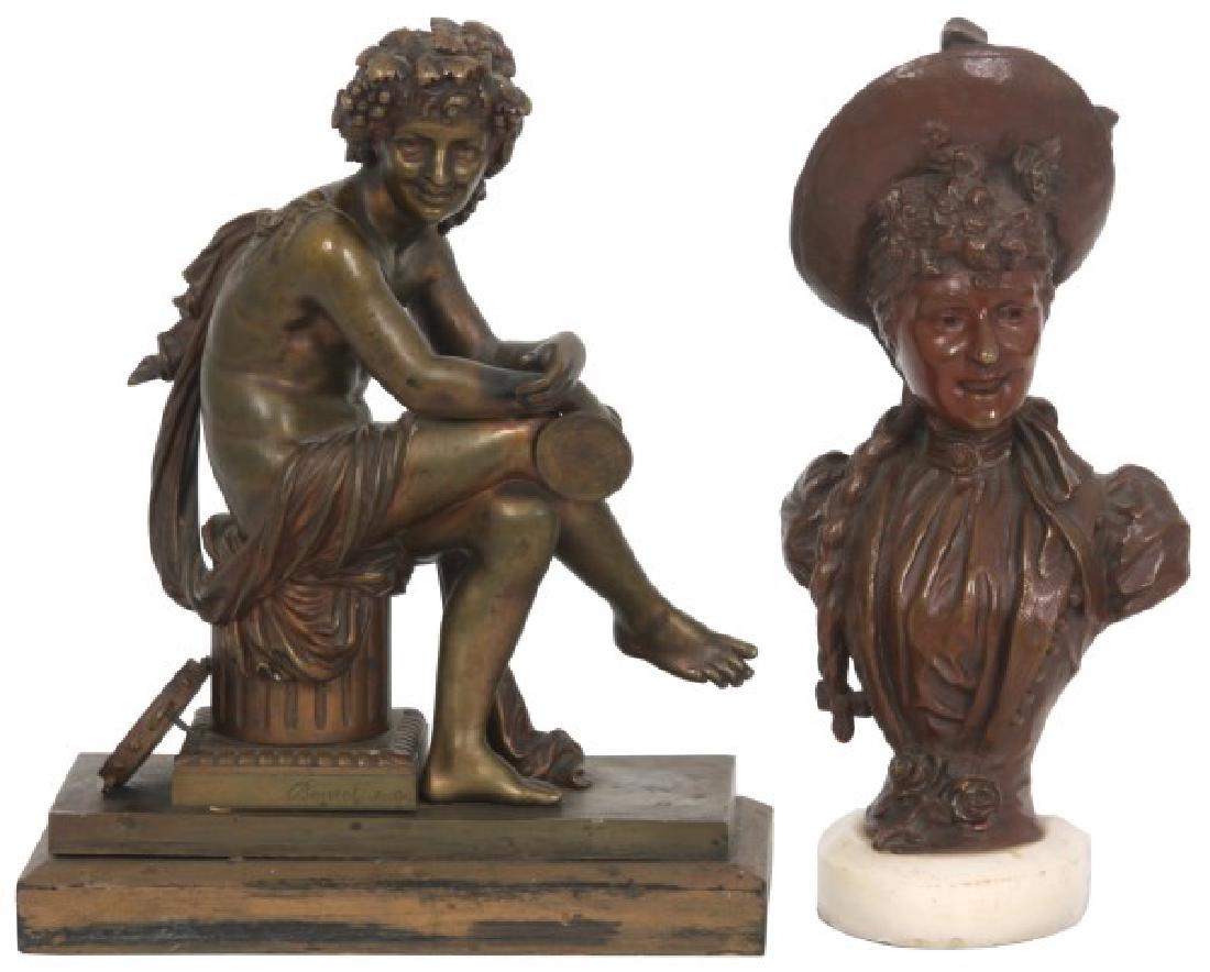 2 French Bronze Sculptures: 2 French Bronze Sculptures. 1) Eutrope Bouret (1833-1906, France) bronze sculpture of Bacchus, seated on a plinth holding a tazza and a tambourine on the ground behind him. Signed "Bouret Sculp.", in