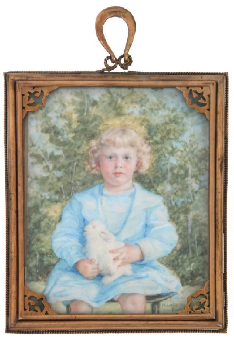 M. Lesley Bush-Brown Portrait: Margaret White Lesley Bush-Brown (1857-1944, NY, DC) hand painted portrait of a seated young blonde girl wearing a blue dress and holding her pet rabbit. Signed lower right "M. Lesley Bush-Brown ", in