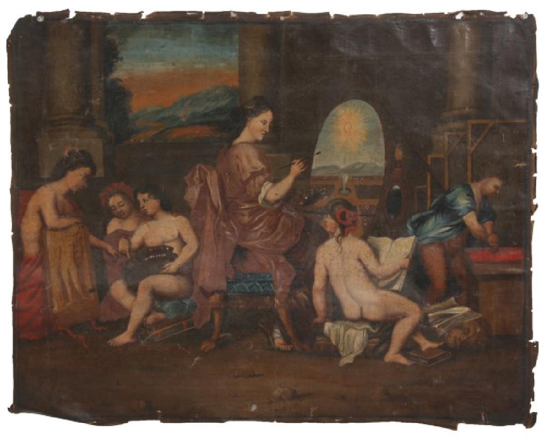 Earl O/C Painting Of An Art Studio: Oil on canvas interior artist's studio scene is centered with a female artist seated in a claw foot chair beside an easel as she paints a scene, a nude woman is seated on a stack of books beside her a