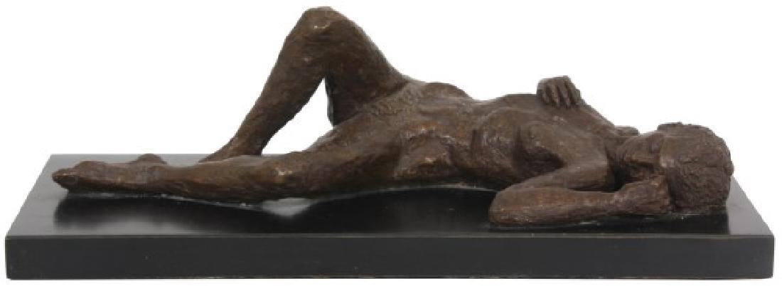 Bronze Figural Reclining Nude Sculpture: Bronze Figural Reclining Nude Sculpture. Figure of a nude woman lying on her back with one hand resting on her breast and the other rests against her forehead. Has a medium brown patina, unsigned and 