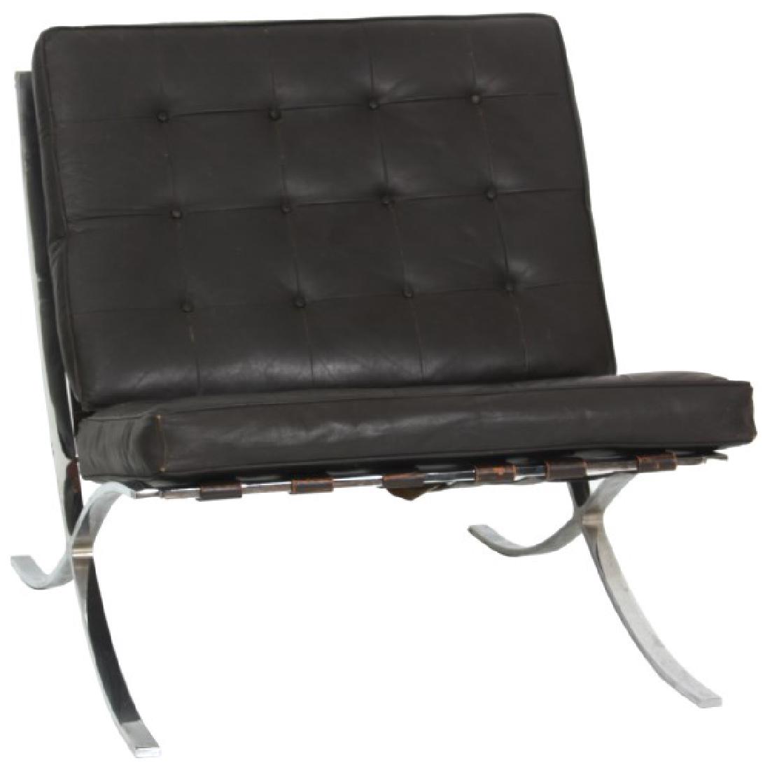 Selig Imperial Barcelona Style Chair: Selig Imperial Barcelona Style Chair. Modern design chrome plated chair in the Barcelona style has leather back and seat straps and dark brown tufted leather cushions; "Imperial" and "Selig Manufactur