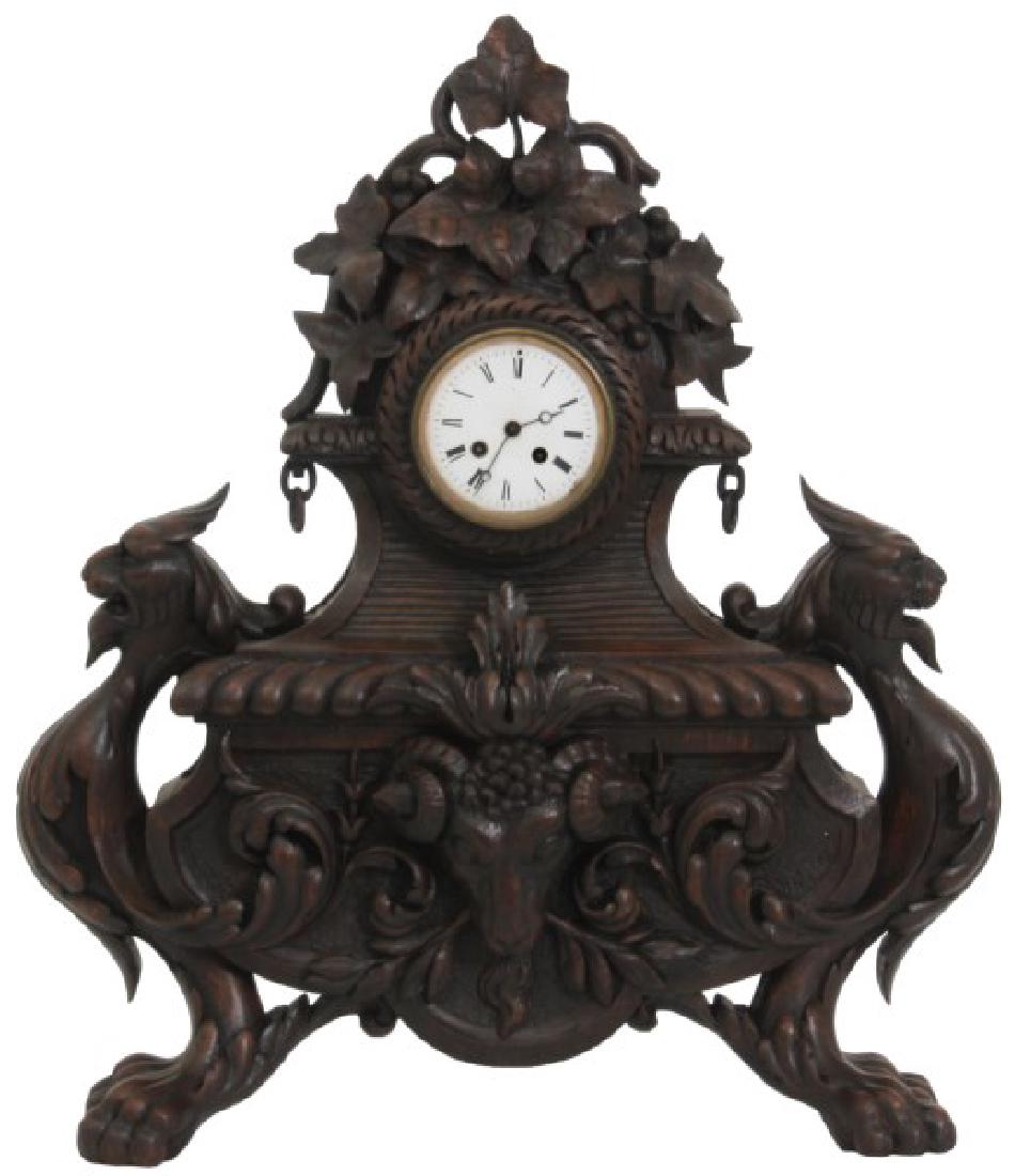 Figural Carved Oak Griffin Mantle Clock (1 of 10)