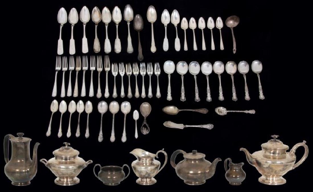 53 Pcs. Silver Flatware and 2 Silver Tea Sets: 53 Pcs. Silver Flatware and 2 Silver Tea Sets. 1) 3 Pcs. coin silver tea set with eagle, thistle and harp maker's hallmarks for Taylor & Lawrie (Philadelphia) and retailer's mark reads Bailey & Kitche