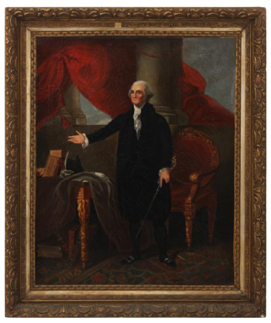 Attr. Gilbert Stuart (American, 1755-1828): Unsigned, oil on canvas "George Washington, The Munro-Lenox Portrait"; interior scene standing portrait of George Washington beside a table and chair with his sword at his side. Relined, has some inpa