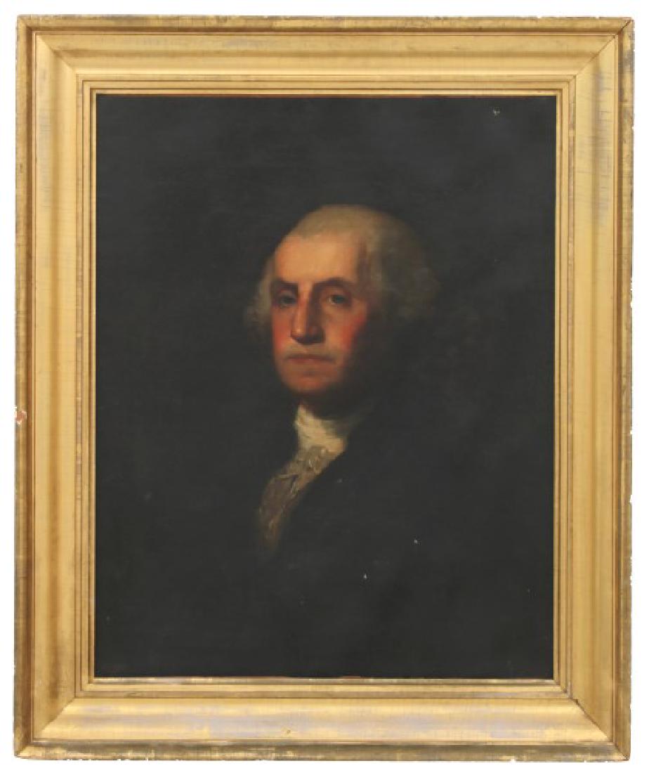 After Gilbert Charles Stuart (American, 1755-1828): 19th Century, unsigned, oil on canvas portrait of George Washington. In good overall condition, has a small paint flake in the left lapel of the jacket.30 x 25 inches - Frame: 27 x 31 inches. Weight:
