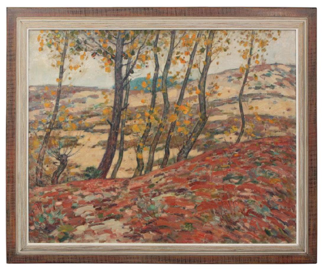 Roy Henry Brown (American, 1879-1956): Signed "Roy Brown", oil on canvas, landscape; hilltop autumn scene with colorful tree in the foreground and brown rolling hills in the background. In excellent condition with no losses or repairs. 32