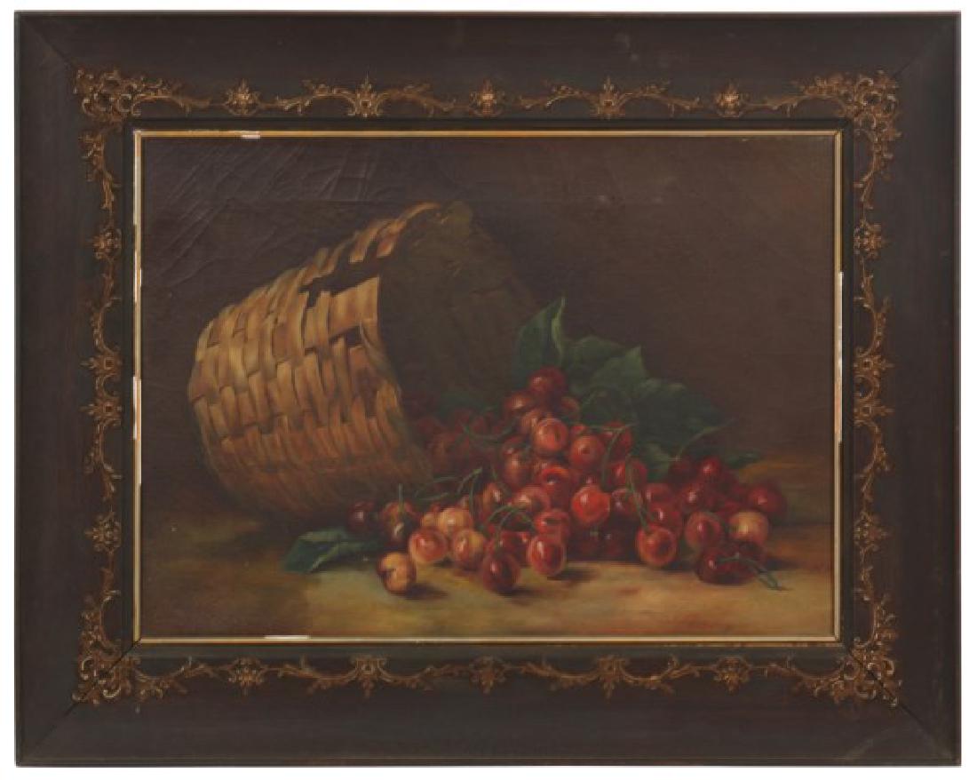 After Levi Wells Prentice (American, 1851-1935): Manner of Levi Wells Prentice, unsigned, oil on canvas, still life; with cherries falling out of a splint woven basket tipped on its side. Excellent condition with no damage or repair. 13 x 18 inches