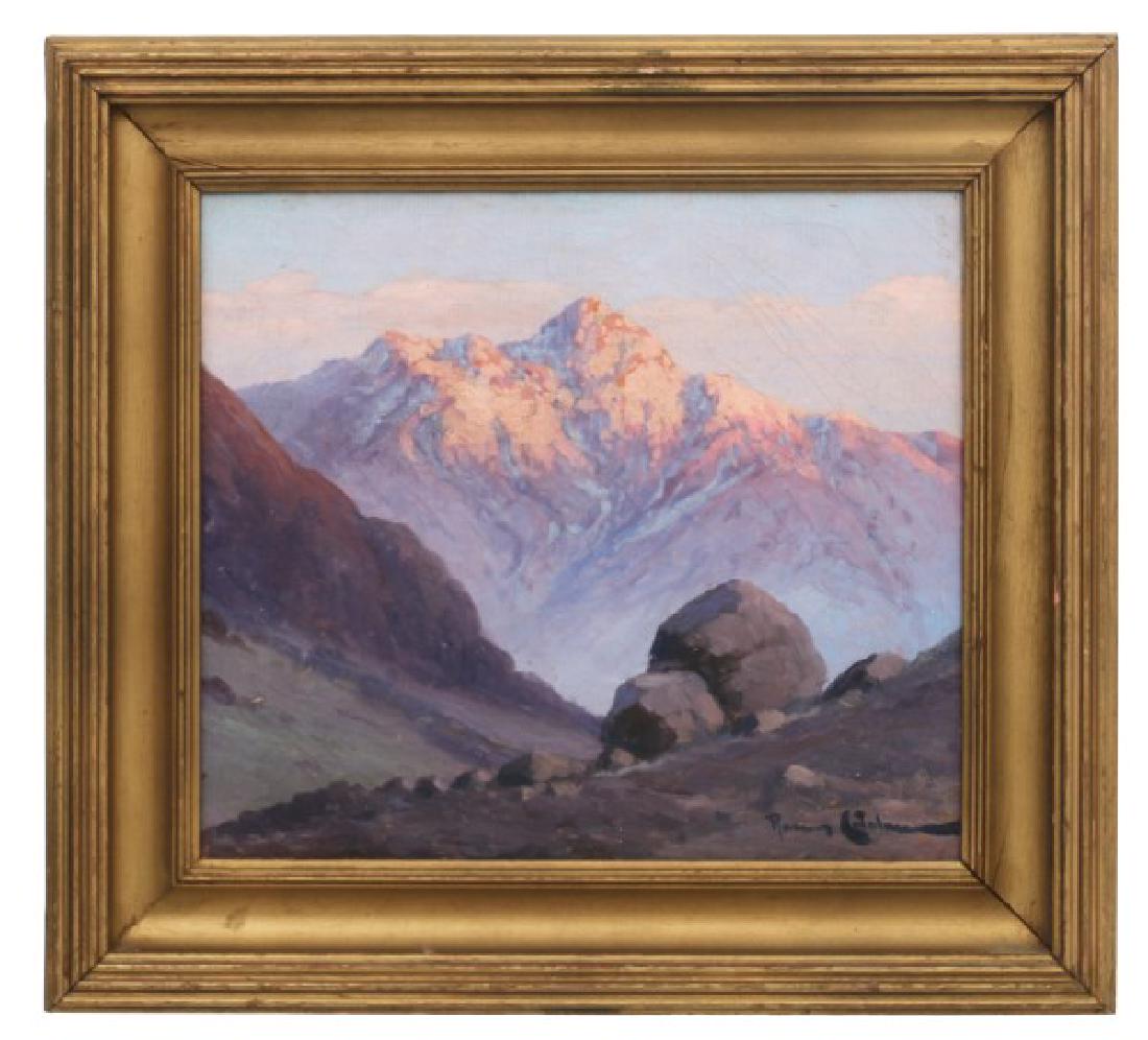 Benito Ramos Catalan (American, 1888-1961): Signed “Ramos Catalan”, oil on canvas, “On Waiakea River Hilo”; sunlit mountainous landscape. In good condition with no damage or repair. 10.75 x 12.25 inches. Weight: 3.25 lbs.