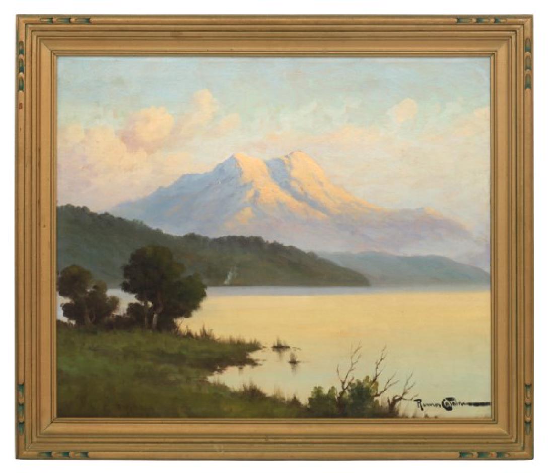Benito Ramos Catalan (American, 1888-1961): Signed “Ramos Catalan”, oil on canvas, mountainous landscape with a lake in the foreground of a sunlit snowcapped mountain. in excellent condition with no damage or repair. 19.25 x 23.5 inches - F