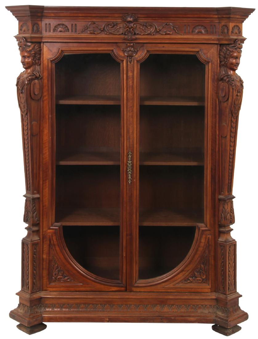 Figural Carved Walnut 2 Door Bookcase (1 of 10)