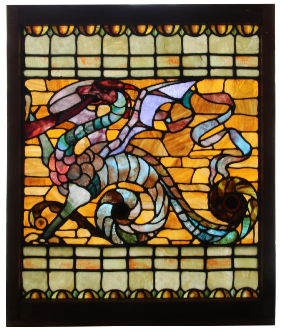 Figural Winged Griffin Leaded Glass Window (1 of 10)
