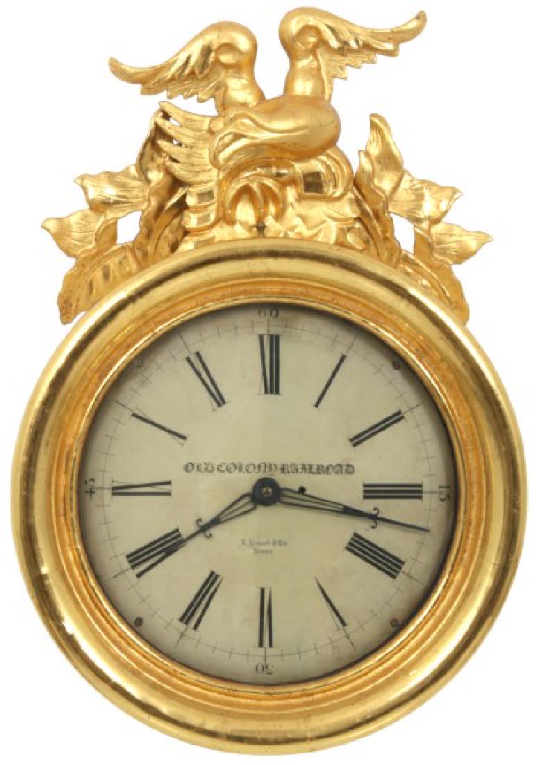 18 in. E. Howard Gilded Eagle Gallery Clock: 18 in. E. Howard Gilded Eagle Gallery Clock. 18 in. painted flame mahogany dial measures approximately half an inch thick, singed on the front "E. Howard & Co., Boston" and marked "Old Colony Railroad